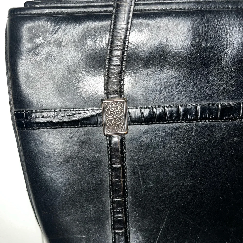 Vintage Brighton Black Structured Leather Shoulder Bag Reptile Print Trim